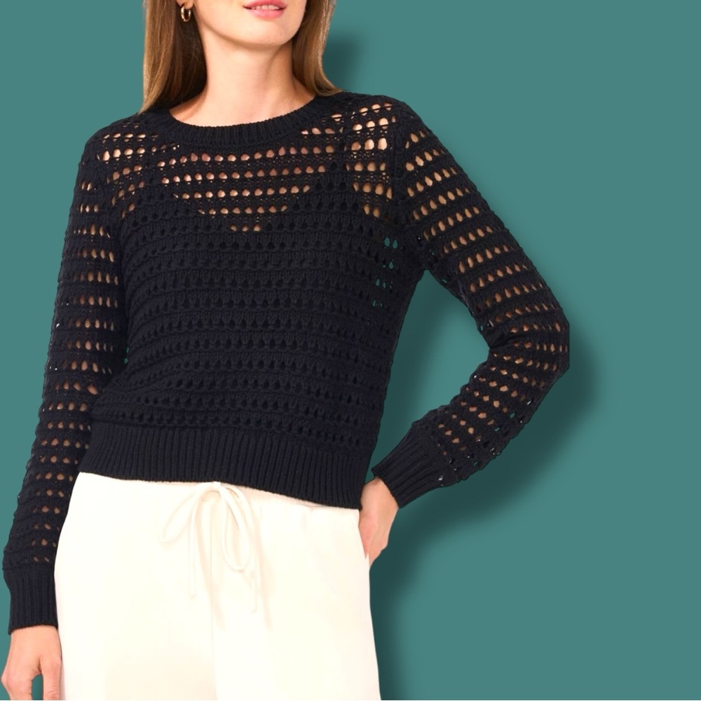 EUC HALOGEN Open Knit Crew Neck Sweater in Black. Size XXS - Picture 2 of 12